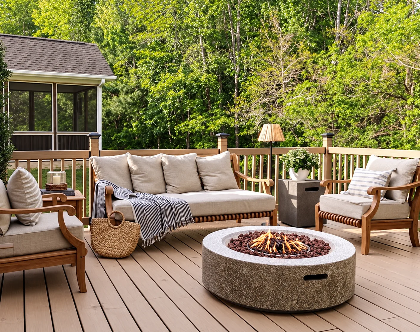 Composite deck outdoor living area with seating
