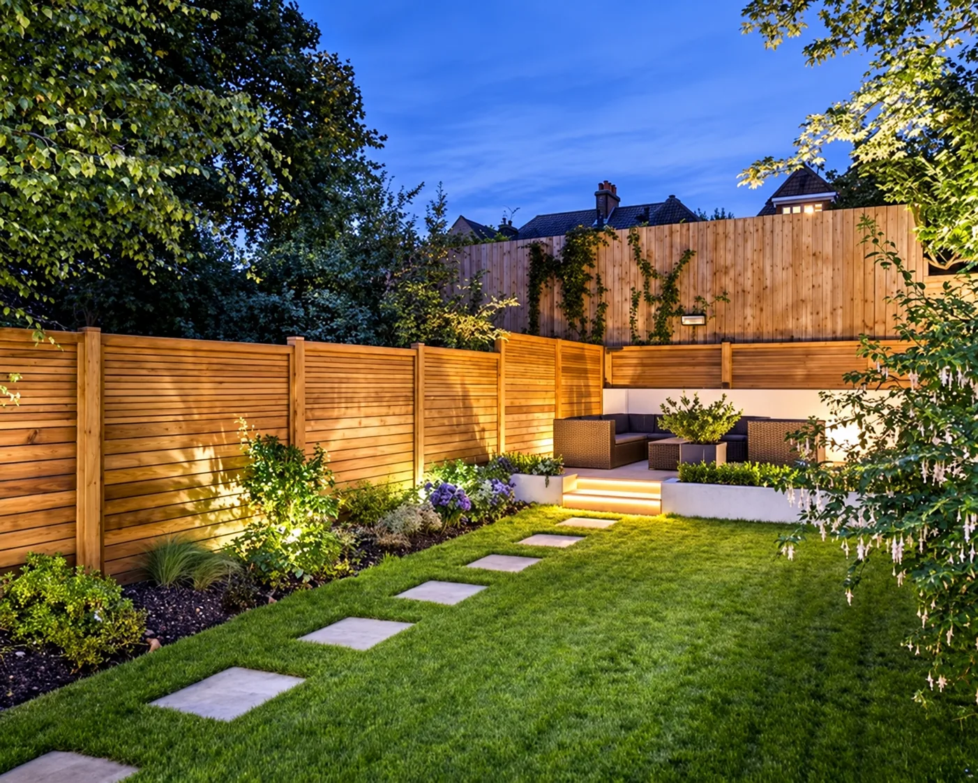Horizontal wood privacy fence in a landscaped yard
