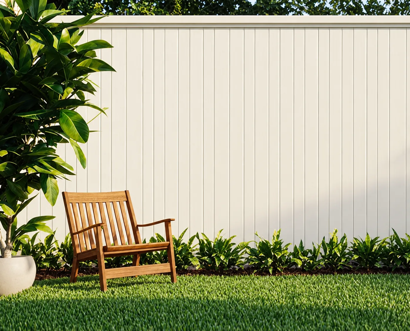 Bright white vinyl privacy fence beside landscaping