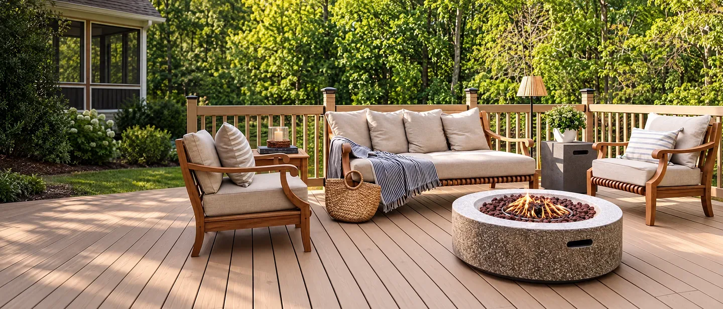 Composite deck outdoor living area
