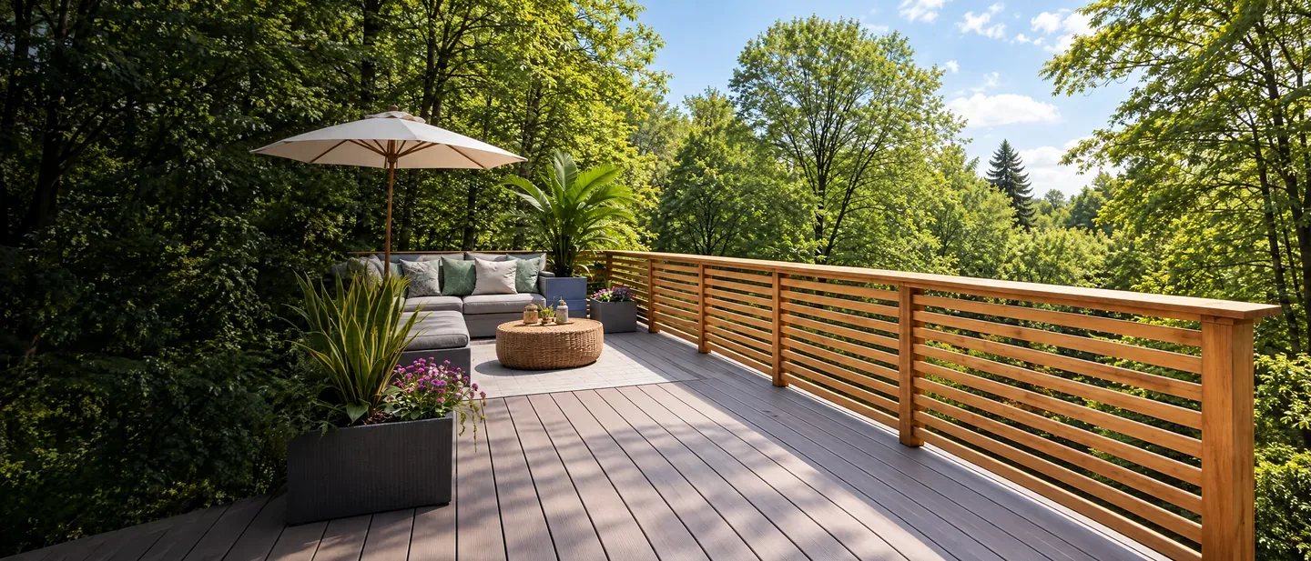 Wood railing enclosing an outdoor deck