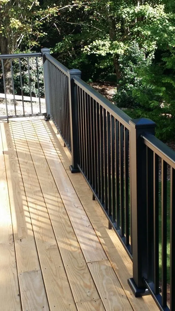 Black exterior railing at the edge of a wood deck