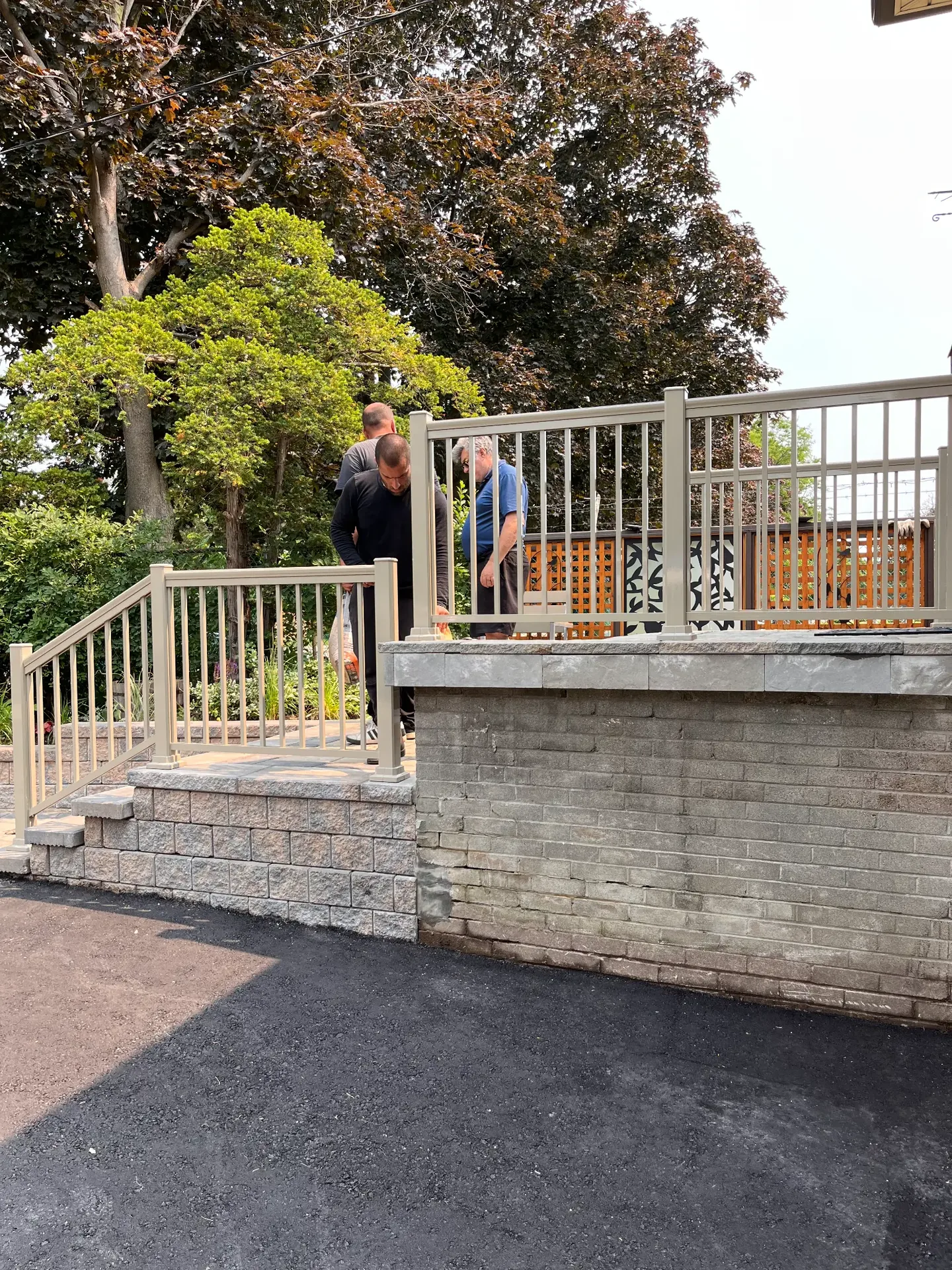 Raised residential deck with exterior railing
